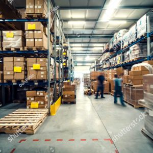 warehouse interior with shelves pallets and boxes